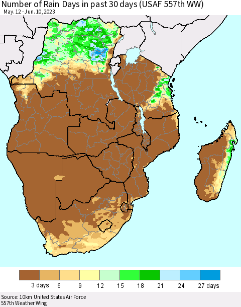 Southern Africa Number of Rain Days in past 30 days (USAF 557th WW) 06/10/2023 Thematic Map For 6/6/2023 - 6/10/2023