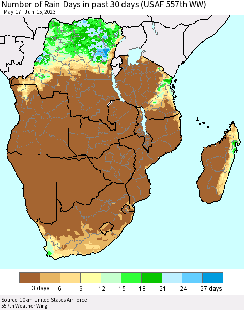 Southern Africa Number of Rain Days in past 30 days (USAF 557th WW) 06/15/2023 Thematic Map For 6/11/2023 - 6/15/2023