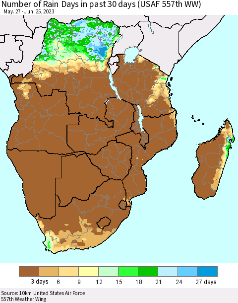 Southern Africa Number of Rain Days in past 30 days (USAF 557th WW) 06/25/2023 Thematic Map For 6/21/2023 - 6/25/2023