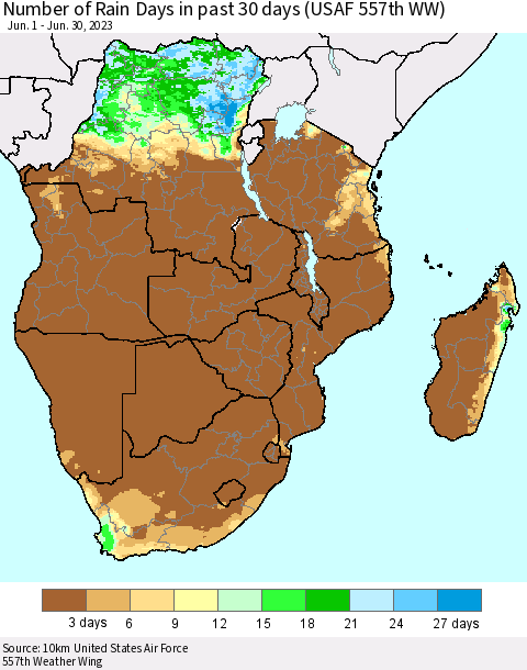 Southern Africa Number of Rain Days in past 30 days (USAF 557th WW) 06/30/2023 Thematic Map For 6/26/2023 - 6/30/2023