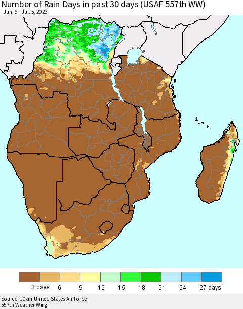 Southern Africa Number of Rain Days in past 30 days (USAF 557th WW) 07/05/2023 Thematic Map For 7/1/2023 - 7/5/2023