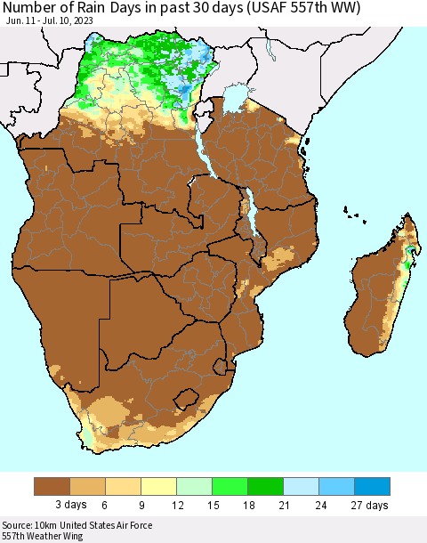 Southern Africa Number of Rain Days in past 30 days (USAF 557th WW) 07/10/2023 Thematic Map For 7/6/2023 - 7/10/2023