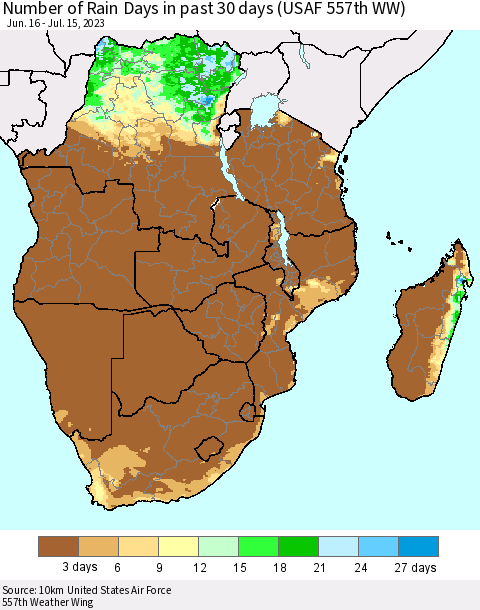 Southern Africa Number of Rain Days in past 30 days (USAF 557th WW) 07/15/2023 Thematic Map For 7/11/2023 - 7/15/2023