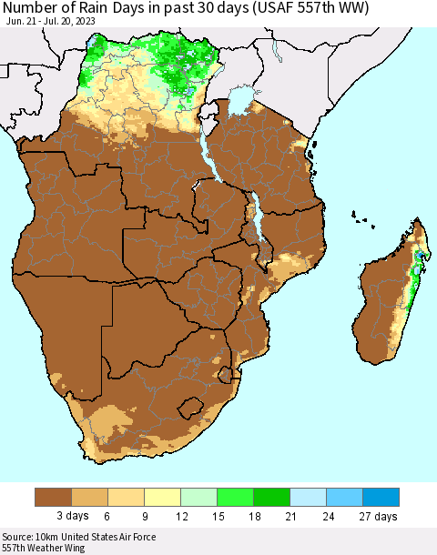 Southern Africa Number of Rain Days in past 30 days (USAF 557th WW) 07/20/2023 Thematic Map For 7/16/2023 - 7/20/2023