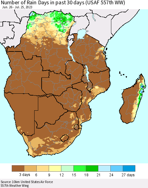 Southern Africa Number of Rain Days in past 30 days (USAF 557th WW) 07/25/2023 Thematic Map For 7/21/2023 - 7/25/2023
