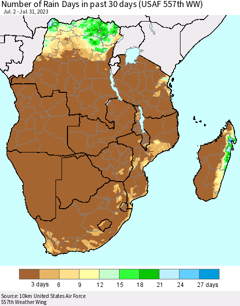 Southern Africa Number of Rain Days in past 30 days (USAF 557th WW) 07/31/2023 Thematic Map For 7/26/2023 - 7/31/2023