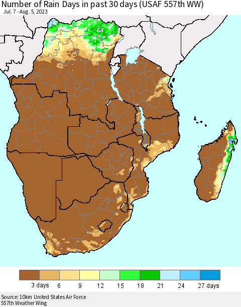 Southern Africa Number of Rain Days in past 30 days (USAF 557th WW) 08/05/2023 Thematic Map For 8/1/2023 - 8/5/2023