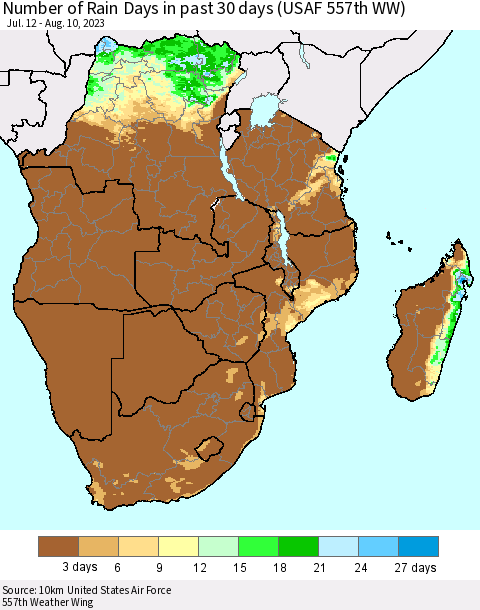 Southern Africa Number of Rain Days in past 30 days (USAF 557th WW) 08/10/2023 Thematic Map For 8/6/2023 - 8/10/2023