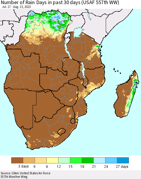 Southern Africa Number of Rain Days in past 30 days (USAF 557th WW) 08/15/2023 Thematic Map For 8/11/2023 - 8/15/2023