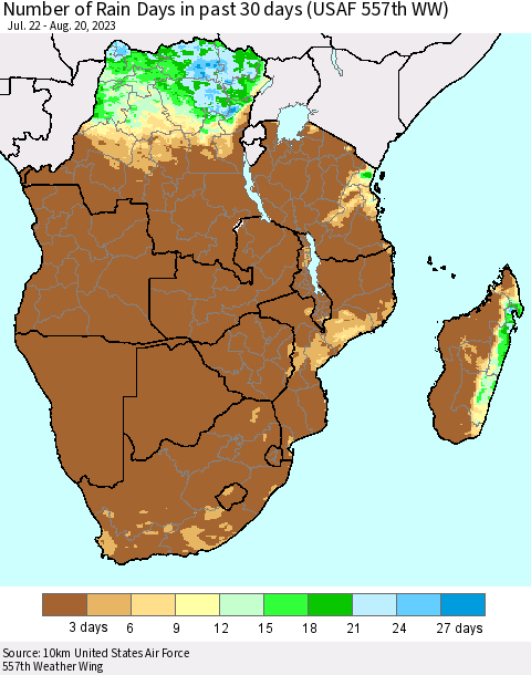 Southern Africa Number of Rain Days in past 30 days (USAF 557th WW) 08/20/2023 Thematic Map For 8/16/2023 - 8/20/2023