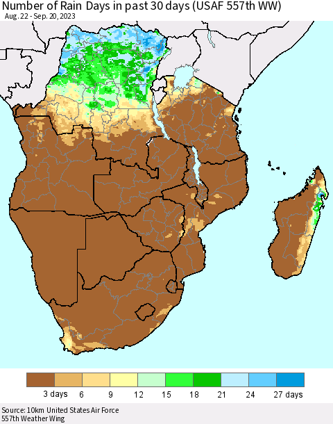 Southern Africa Number of Rain Days in past 30 days (USAF 557th WW) 09/20/2023 Thematic Map For 9/16/2023 - 9/20/2023