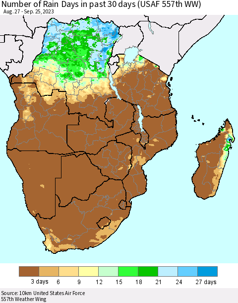 Southern Africa Number of Rain Days in past 30 days (USAF 557th WW) 09/25/2023 Thematic Map For 9/21/2023 - 9/25/2023