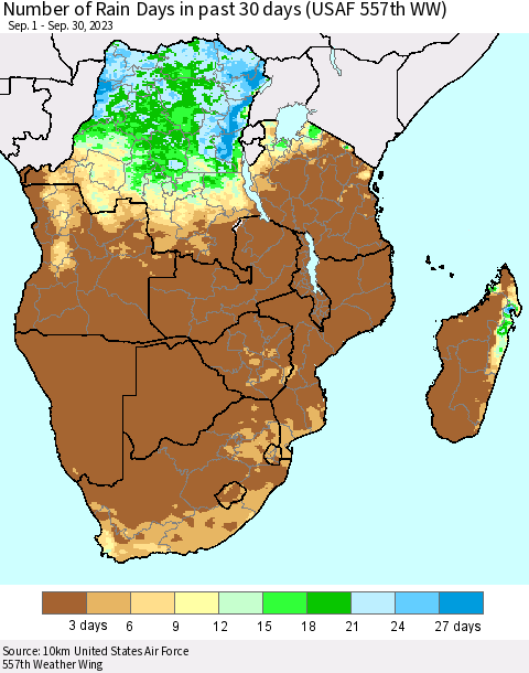 Southern Africa Number of Rain Days in past 30 days (USAF 557th WW) 09/30/2023 Thematic Map For 9/26/2023 - 9/30/2023