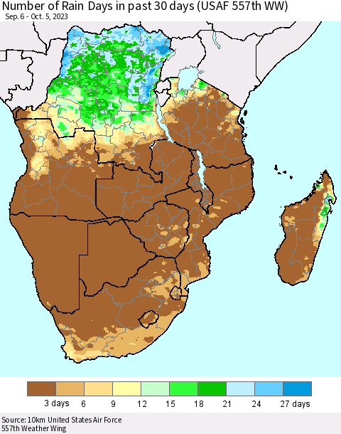 Southern Africa Number of Rain Days in past 30 days (USAF 557th WW) Thematic Map For 10/1/2023 - 10/5/2023