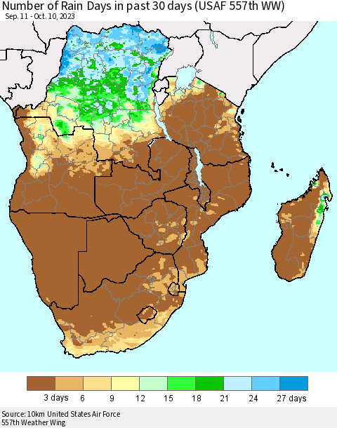 Southern Africa Number of Rain Days in past 30 days (USAF 557th WW) 10/10/2023 Thematic Map For 10/6/2023 - 10/10/2023