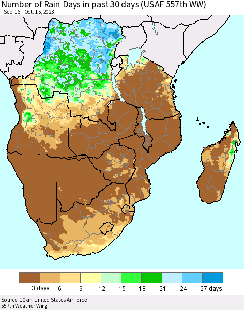 Southern Africa Number of Rain Days in past 30 days (USAF 557th WW) 10/15/2023 Thematic Map For 10/11/2023 - 10/15/2023