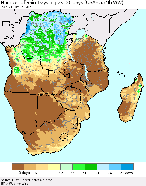 Southern Africa Number of Rain Days in past 30 days (USAF 557th WW) Thematic Map For 10/16/2023 - 10/20/2023