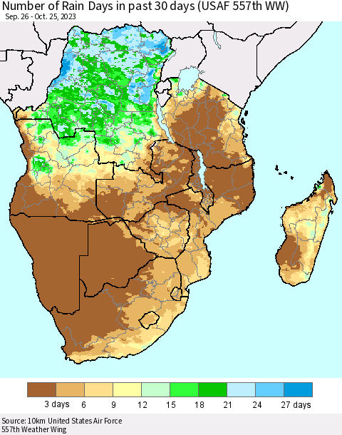 Southern Africa Number of Rain Days in past 30 days (USAF 557th WW) 10/25/2023 Thematic Map For 10/21/2023 - 10/25/2023