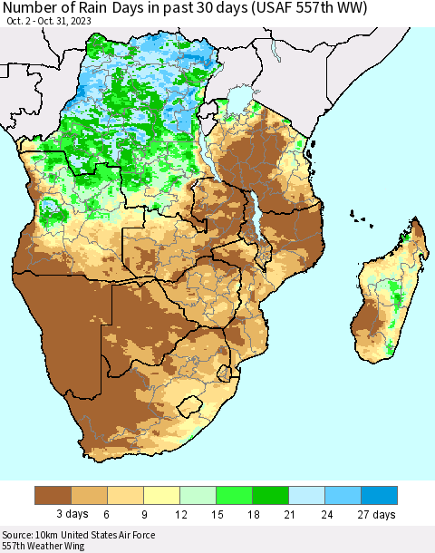 Southern Africa Number of Rain Days in past 30 days (USAF 557th WW) 10/31/2023 Thematic Map For 10/26/2023 - 10/31/2023