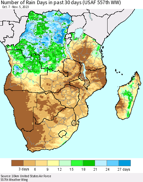 Southern Africa Number of Rain Days in past 30 days (USAF 557th WW) 11/05/2023 Thematic Map For 11/1/2023 - 11/5/2023
