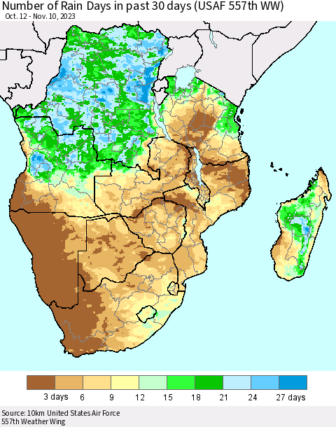 Southern Africa Number of Rain Days in past 30 days (USAF 557th WW) Thematic Map For 11/6/2023 - 11/10/2023