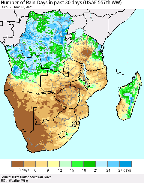 Southern Africa Number of Rain Days in past 30 days (USAF 557th WW) 11/15/2023 Thematic Map For 11/11/2023 - 11/15/2023