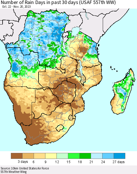 Southern Africa Number of Rain Days in past 30 days (USAF 557th WW) 11/20/2023 Thematic Map For 11/16/2023 - 11/20/2023