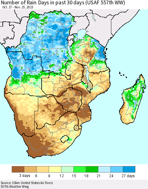 Southern Africa Number of Rain Days in past 30 days (USAF 557th WW) 11/25/2023 Thematic Map For 11/21/2023 - 11/25/2023