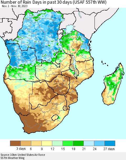 Southern Africa Number of Rain Days in past 30 days (USAF 557th WW) Thematic Map For 11/26/2023 - 11/30/2023