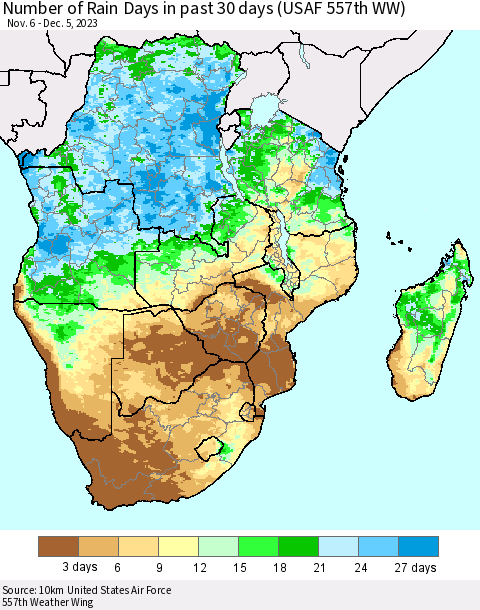 Southern Africa Number of Rain Days in past 30 days (USAF 557th WW) 12/05/2023 Thematic Map For 12/1/2023 - 12/5/2023