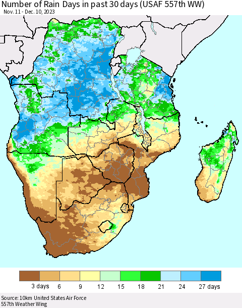 Southern Africa Number of Rain Days in past 30 days (USAF 557th WW) 12/10/2023 Thematic Map For 12/6/2023 - 12/10/2023