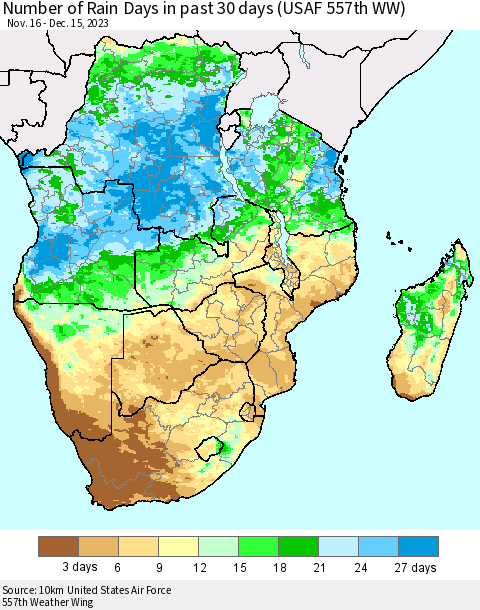 Southern Africa Number of Rain Days in past 30 days (USAF 557th WW) 12/15/2023 Thematic Map For 12/11/2023 - 12/15/2023