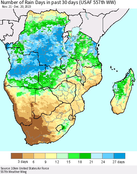 Southern Africa Number of Rain Days in past 30 days (USAF 557th WW) 12/20/2023 Thematic Map For 12/16/2023 - 12/20/2023