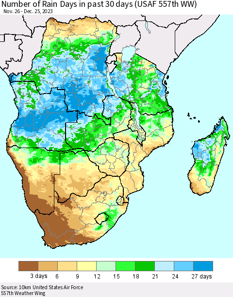 Southern Africa Number of Rain Days in past 30 days (USAF 557th WW) 12/25/2023 Thematic Map For 12/21/2023 - 12/25/2023