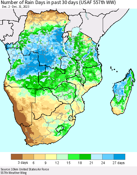 Southern Africa Number of Rain Days in past 30 days (USAF 557th WW) 12/31/2023 Thematic Map For 12/26/2023 - 12/31/2023