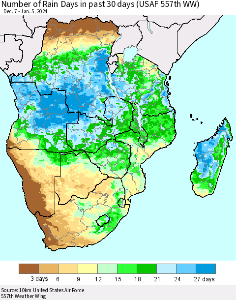 Southern Africa Number of Rain Days in past 30 days (USAF 557th WW) 01/05/2024 Thematic Map For 1/1/2024 - 1/5/2024