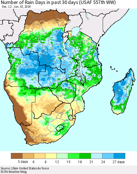 Southern Africa Number of Rain Days in past 30 days (USAF 557th WW) 01/10/2024 Thematic Map For 1/6/2024 - 1/10/2024