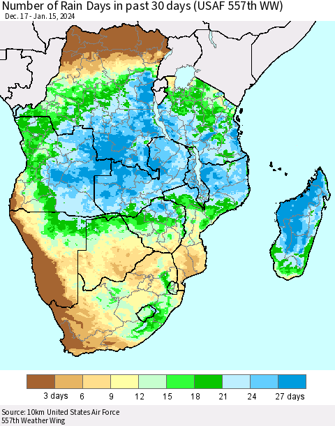 Southern Africa Number of Rain Days in past 30 days (USAF 557th WW) 01/15/2024 Thematic Map For 1/11/2024 - 1/15/2024