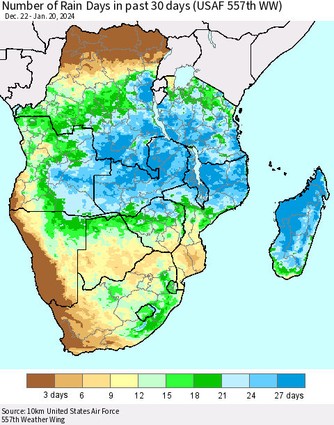 Southern Africa Number of Rain Days in past 30 days (USAF 557th WW) 01/20/2024 Thematic Map For 1/16/2024 - 1/20/2024