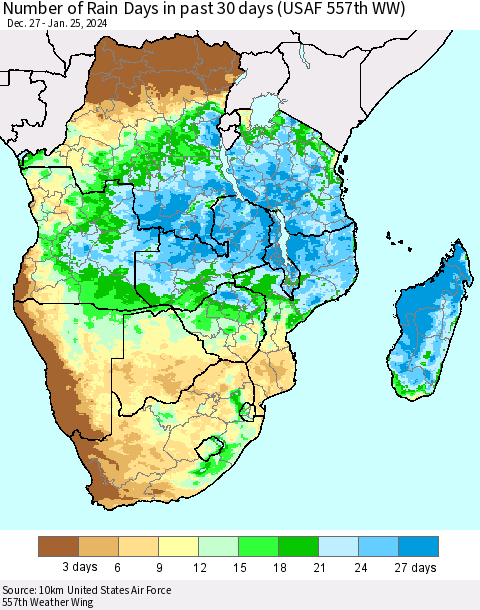 Southern Africa Number of Rain Days in past 30 days (USAF 557th WW) 01/25/2024 Thematic Map For 1/21/2024 - 1/25/2024