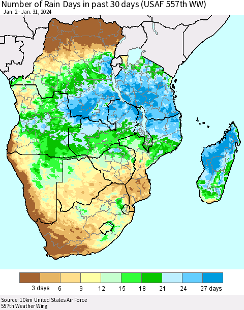 Southern Africa Number of Rain Days in past 30 days (USAF 557th WW) 01/31/2024 Thematic Map For 1/26/2024 - 1/31/2024