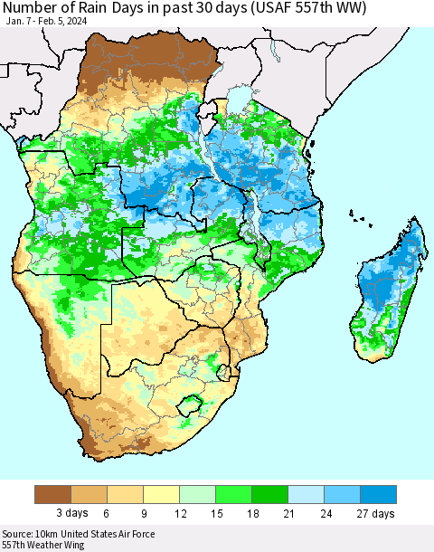 Southern Africa Number of Rain Days in past 30 days (USAF 557th WW) Thematic Map For 2/1/2024 - 2/5/2024