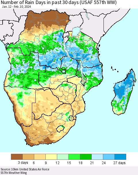 Southern Africa Number of Rain Days in past 30 days (USAF 557th WW) 02/10/2024 Thematic Map For 2/6/2024 - 2/10/2024