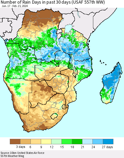 Southern Africa Number of Rain Days in past 30 days (USAF 557th WW) 02/15/2024 Thematic Map For 2/11/2024 - 2/15/2024