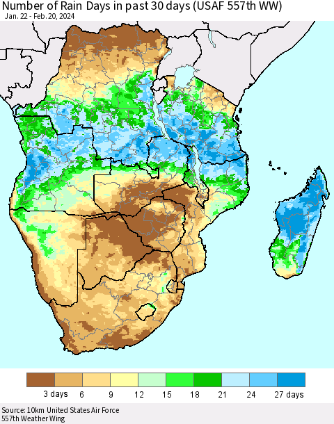 Southern Africa Number of Rain Days in past 30 days (USAF 557th WW) 02/20/2024 Thematic Map For 2/16/2024 - 2/20/2024