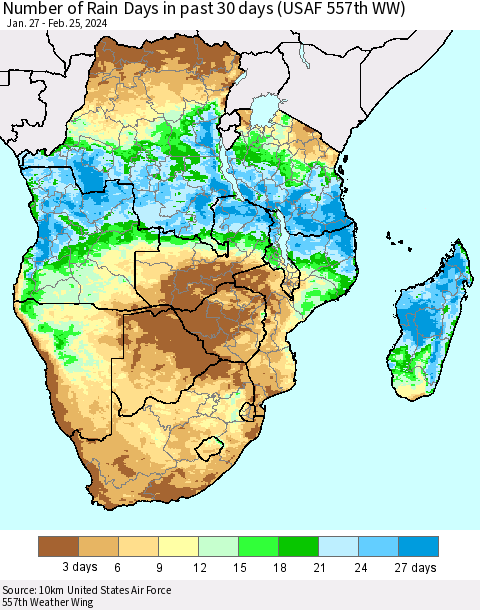 Southern Africa Number of Rain Days in past 30 days (USAF 557th WW) 02/25/2024 Thematic Map For 2/21/2024 - 2/25/2024