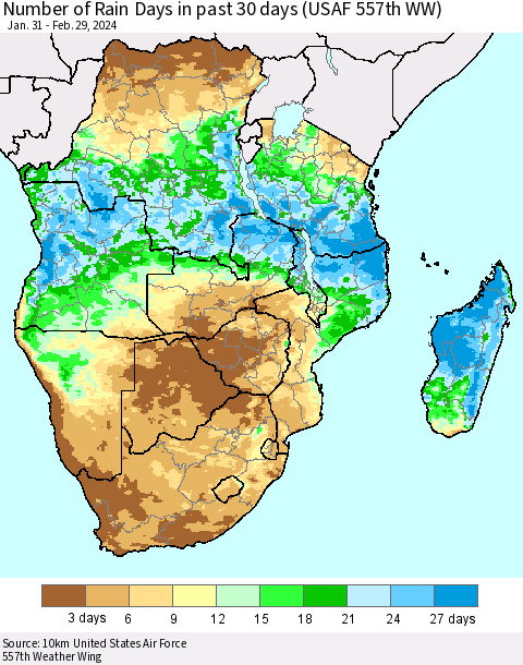 Southern Africa Number of Rain Days in past 30 days (USAF 557th WW) 02/29/2024 Thematic Map For 2/26/2024 - 2/29/2024
