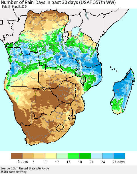 Southern Africa Number of Rain Days in past 30 days (USAF 557th WW) 03/05/2024 Thematic Map For 3/1/2024 - 3/5/2024