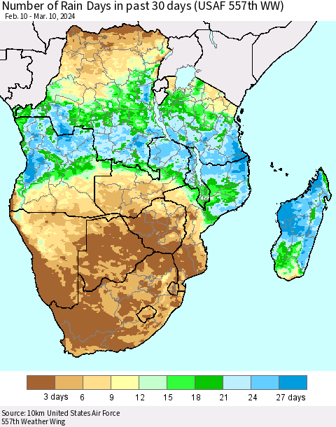 Southern Africa Number of Rain Days in past 30 days (USAF 557th WW) 03/10/2024 Thematic Map For 3/6/2024 - 3/10/2024