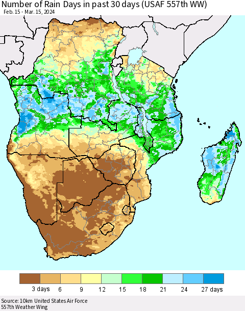 Southern Africa Number of Rain Days in past 30 days (USAF 557th WW) 03/15/2024 Thematic Map For 3/11/2024 - 3/15/2024